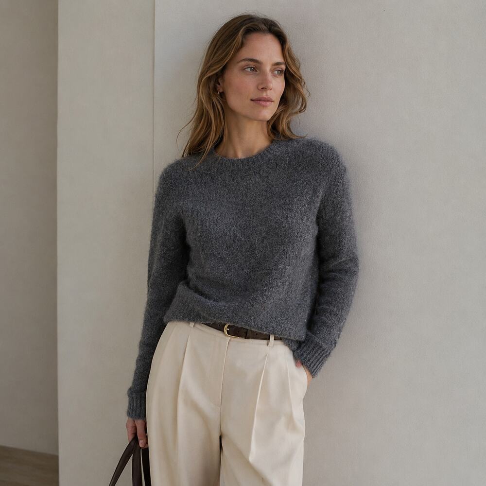 Massimo Dutti Sweater Womens S Gray Fuzzy Crewneck Long Sleeve Italy Pullover